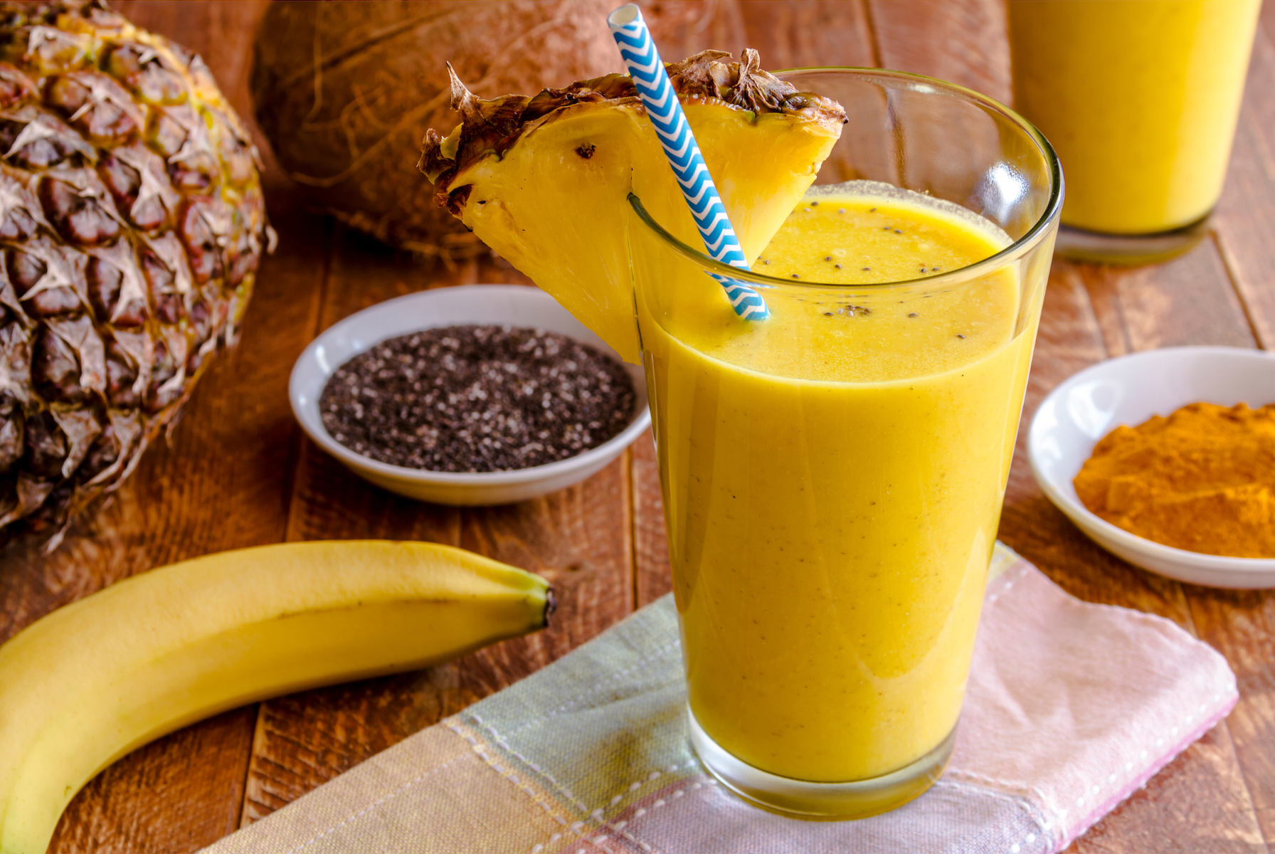 This vibrant smoothie adds a kick to your day and provides you with an easy way to absorb all of the health benefits that turmeric has to offer. 